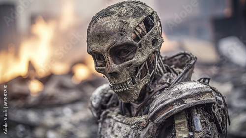 damaged robot, horror and evil war machine, humanoid android, artificial intelligence or AGI AI, in the background a destroyed city and landscape, war against versus humanity, fictional event