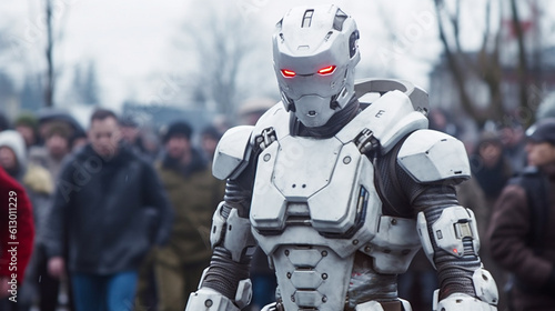 a modern futuristic police officer or soldier robot, autonomous warfare, autonomous weapon, artificial intelligence or AGI in a busy city with many people, AI protection in everyday life