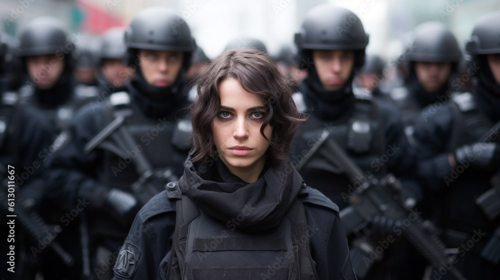 evil woman, oppression, caucasian, a soldier, in uniform with a bulletproof vest, special unit of the police or federal police or soldier of an army, fictitious place