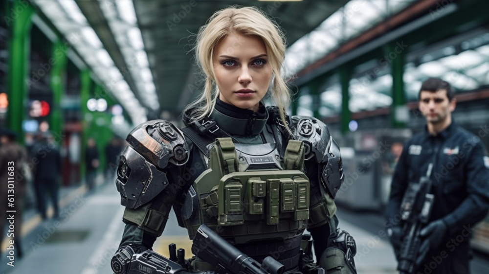 woman, caucasian, a soldier, in uniform with a bulletproof vest, special unit of the police or federal police or soldier of an army, fictitious place woman, caucasian, a soldier, in uniform with a bulletproof vest, special unit of the police or federal police or soldier of an army, fictitious place