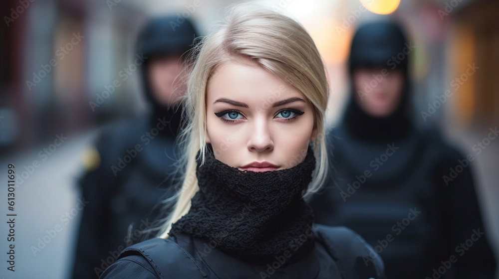 woman, caucasian blonde, a soldier with a helmet, in uniform with a bulletproof vest, special unit of the police or federal police or soldier of an army, fictitious place woman, caucasian blonde, a soldier with a helmet, in uniform with a bulletproof vest, special unit of the police or federal police or soldier of an army, fictitious place