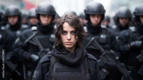 evil woman, oppression, caucasian, a soldier, in uniform with a bulletproof vest, special unit of the police or federal police or soldier of an army, fictitious place