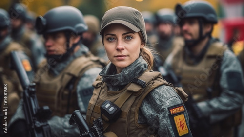 woman, caucasian, a soldier, in uniform with a bulletproof vest, special unit of the police or federal police or soldier of an army, fictitious place