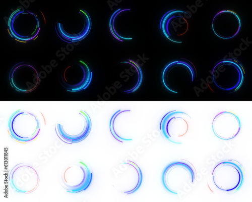 Blue Tone Neon Circular Glowing Effect. Glowing futuristic lines, swirling particle effect, graphic resource. Neon path trail, neon sign element. Isolated on black and transparent PNG. Generative AI