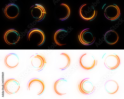 Orange Tone Neon Circular Glowing Effect. Glowing futuristic lines, swirling particle effect, graphic resource. Neon path trail, neon sign element. Isolated on black and transparent PNG. Generative AI