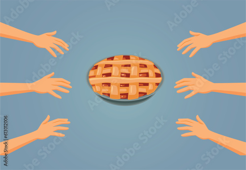 People Reaching for a Piece of the Pie Vector Cartoon illustration. Hungry greedy family sharing a tart eating together
