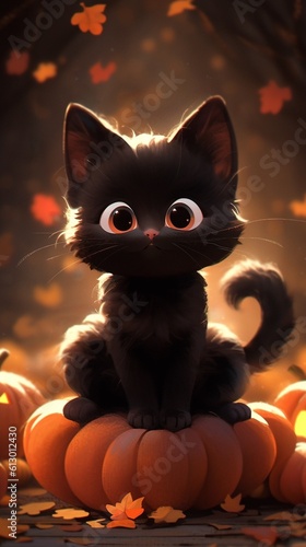 Cute and adorable Halloween baby black kitten cat character with a pumpkin jack-o-lantern  © Trisha