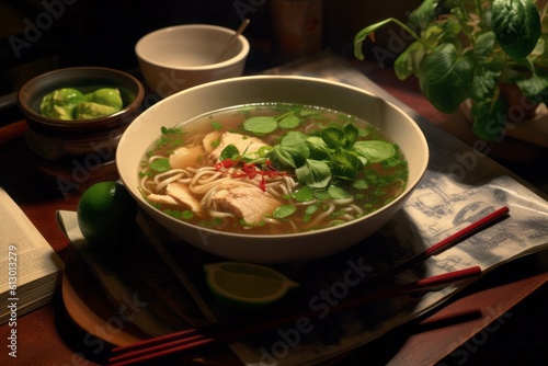 A delicious bowl of Vietnamese Chicken Pho served with fresh chilli and lime, with an assortment of vegetable toppings, placed on a table with chopsticks and closely photographed. Generated Ai