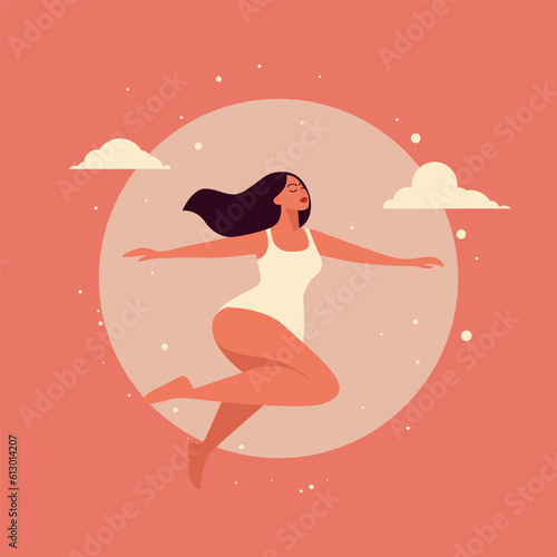 Vector Flying, Soaring Happy Woman in a Jump on Pink Background. Attractive Beautiful Girl. Lightness, Womens Health, Womens Happiness, Feminine Menstrual Cycle, Menstruation, Hygiene Concept Banner