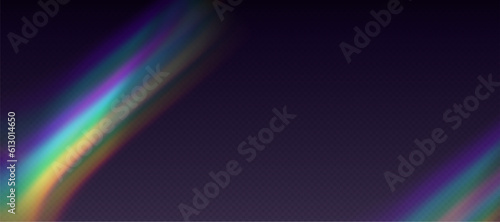 Rainbow refraction overlay, leak flare, prism light effect, rainbow sunlight, holographic rays with transparency. Blurred bokeh retro photo texture, vintage camera glare. Vector background. photo