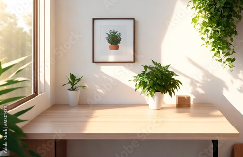 Beautiful minimalist desk with plants as decoration  daylight  nature in the office.