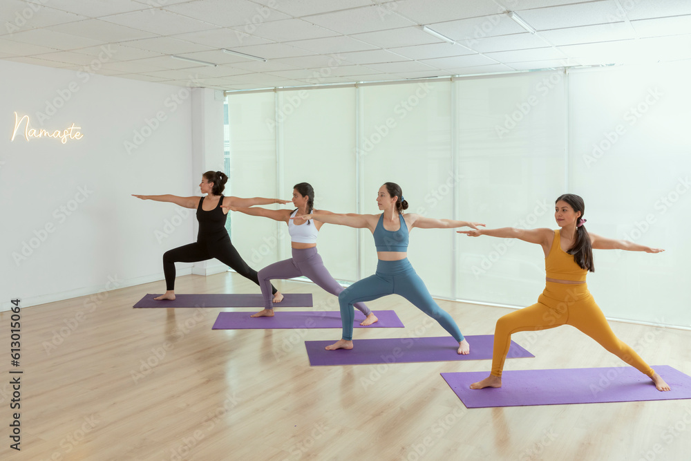 Fototapeta premium A group of women in yoga class doing the warrior pose