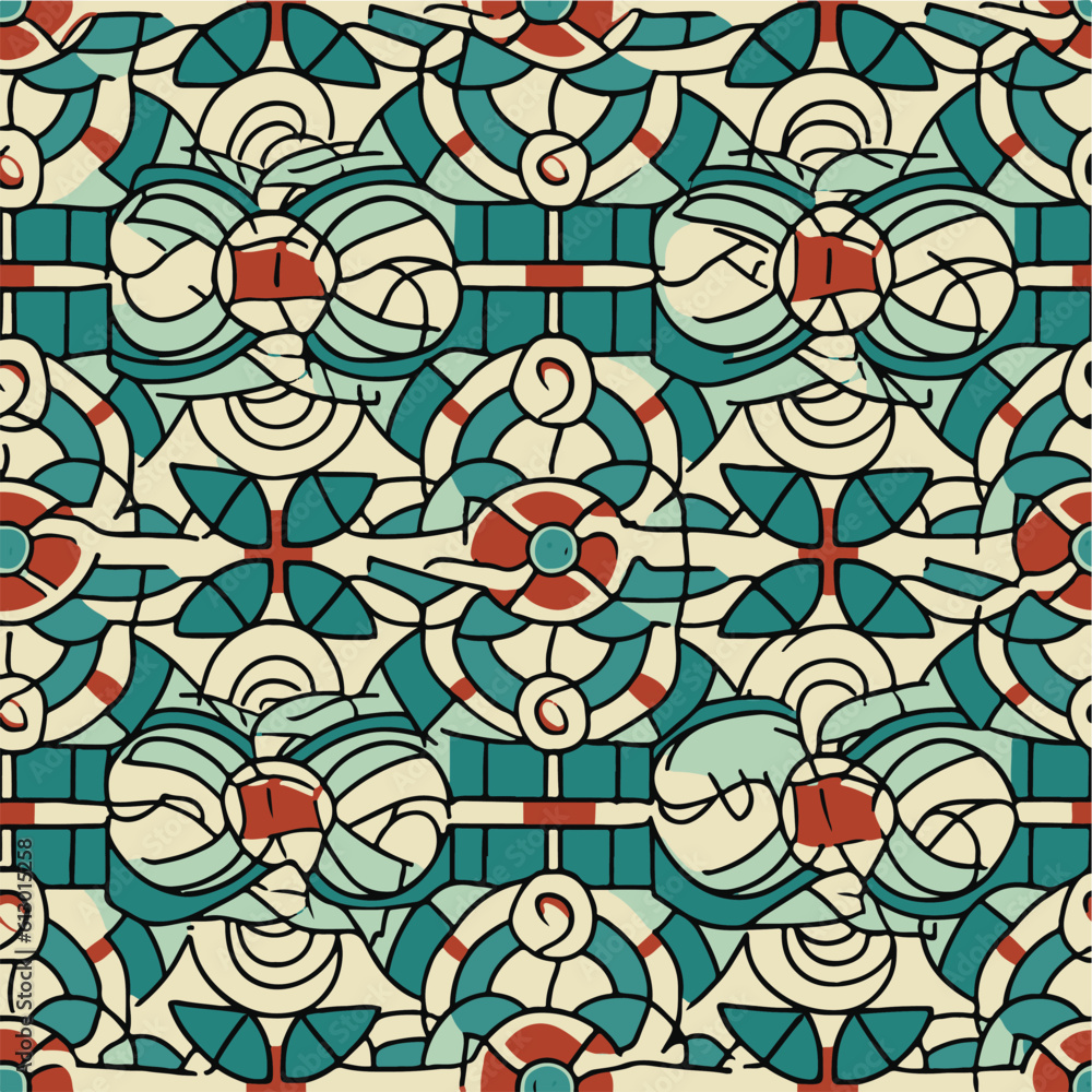 Fototapeta premium Traditional Talavera ornamental pattern. Seamless abstract pattern from tiles. Azulejos tiles patchwork. Portuguese and Spain decor. Mediterranean porcelain pottery.