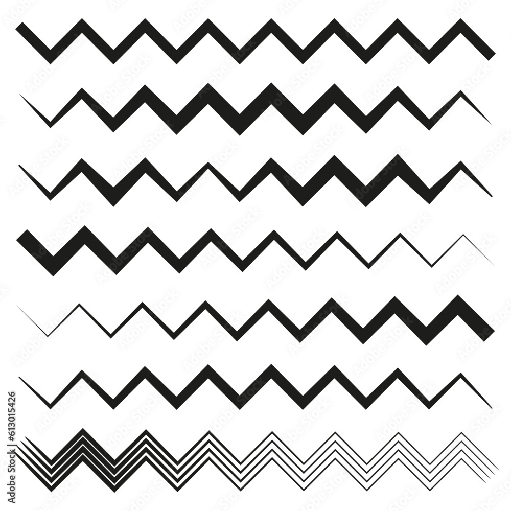 Set of wavy zigzag lines in different weights. Vector illustration. stock image.