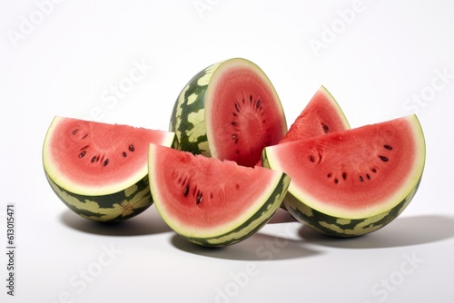 Triangular cuts of fresh Watermelon bunched together on a white background and closely photographed. Generated Ai