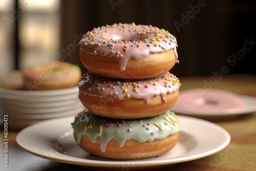 Stacked doughnuts with a variety of toppings, served on a plate and closely photographed. Generated Ai