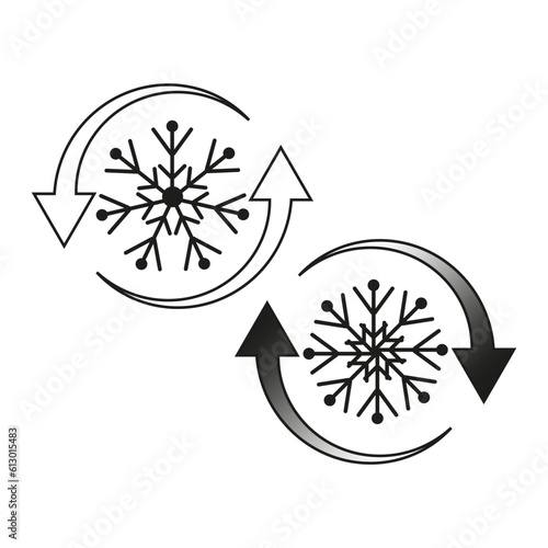 freezer control icon, auto cooling or defrost, conditioning car or house, snowflake with two rotation arrows. Vector illustration. stock image.
