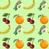 Seamless fruity pattern with green background, jpeg.