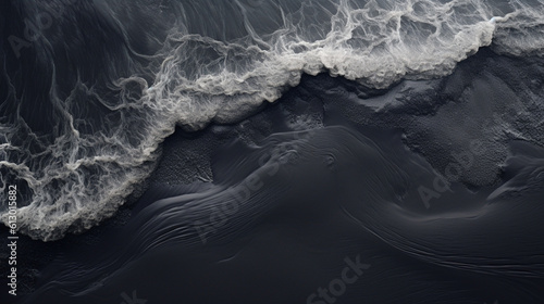 Overhead View of the Moody Black Sand Beaches of Ireland, Epic Waves Crashing on the Shoreline - Black and White Aesthetic - Generative AI