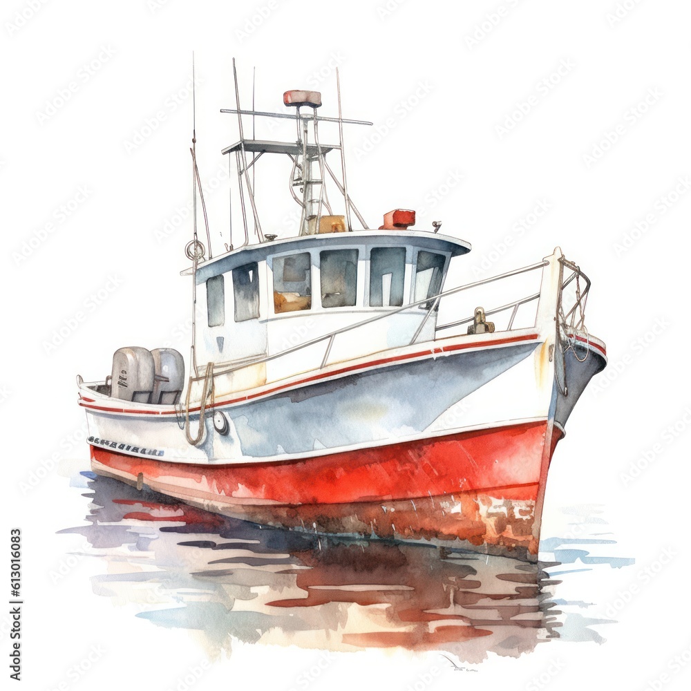 Fishing boat with red and white color on a white background. Generative AI.