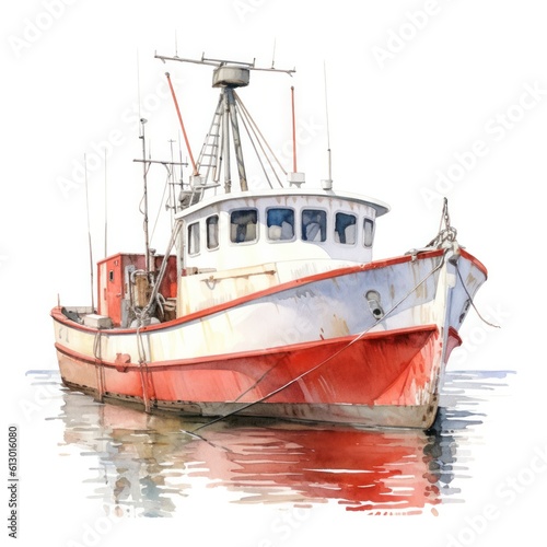 Fishing boat with red and white color on a white background. Generative AI.