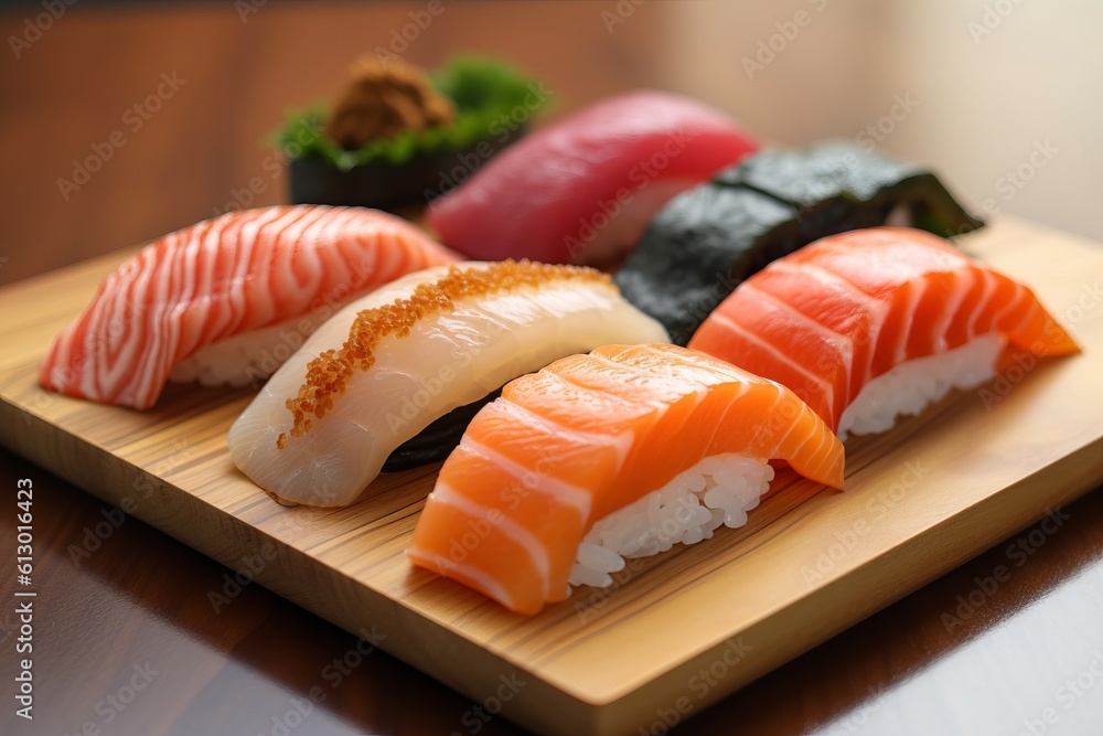 Selection of fresh sushi cuts. Placed on a serving board on a table. Generated Ai.