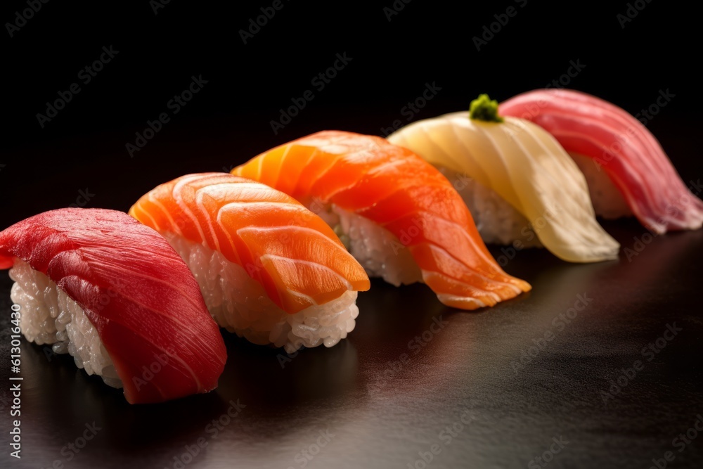 Selection of fresh sushi cuts. Placed on a serving board on a table. Generated Ai. Selection of fresh sushi cuts. Placed on a serving board on a table. Generated Ai.