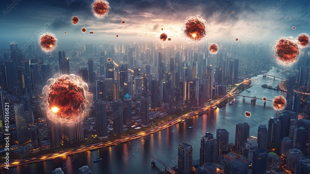 Viruses floating over a city. Generative AI Viruses floating over a city. Generative AI