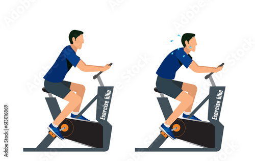 エアロバイクでエクセサイズする東洋系の男性のイラストセット　ダイエット　ワークアウト