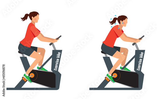 エアロバイクでエクセサイズする東洋系の女性のイラストセット　ダイエット　ワークアウト