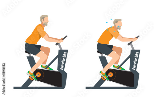 エアロバイクでエクセサイズする高齢の白人男性のイラストセット　ダイエット　ワークアウト