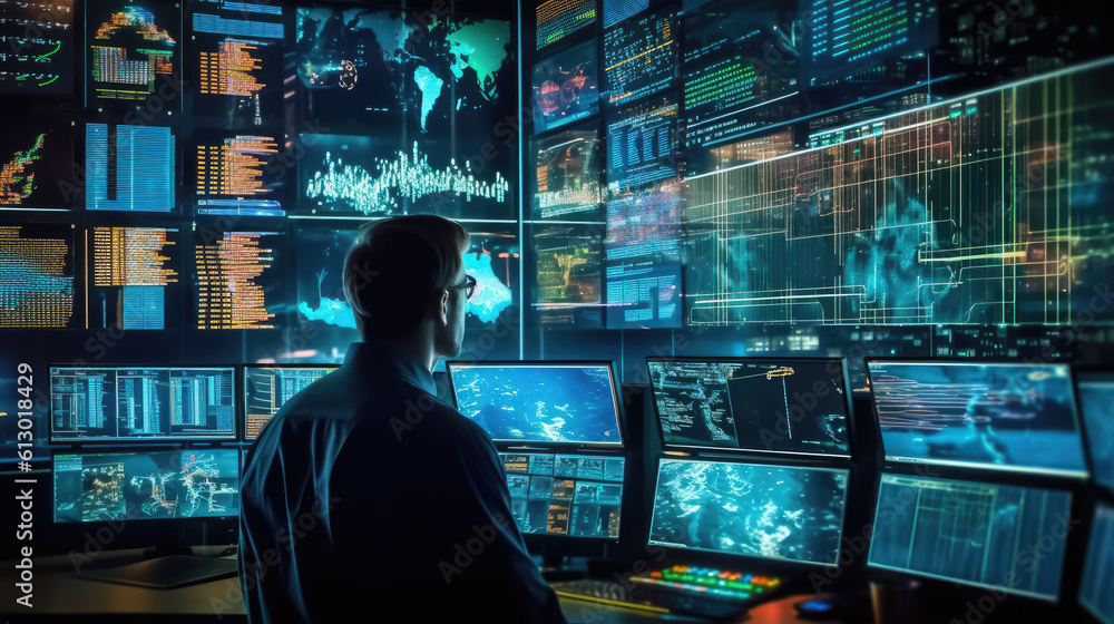 generative AI illustration depicts a businessman intently observing various stock market indicators and business data charts on a large wall-mounted screen generative AI illustration depicts a businessman intently observing various stock market indicators and business data charts on a large wall-mounted screen