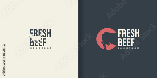 Beef, Cow logo. Fresh Beef trendy logo, emblem, poster with Cow Head. Vintage typography. Graphic emblem template for barbecue, steak house, restaurant, butcher shop and butcher shop