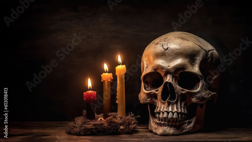halloween still life photography of creepy human skull and candles on rustic wooden plank, generative ai illustration