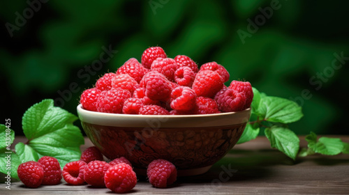 Raspberries in a bowl on a small wooden