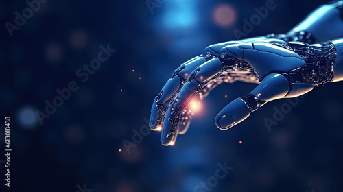 AI generated illustration, a highly detailed robotic humanoid hand emerges from a vivid, blue, high-tech background. A representation of futuristic technology advancements