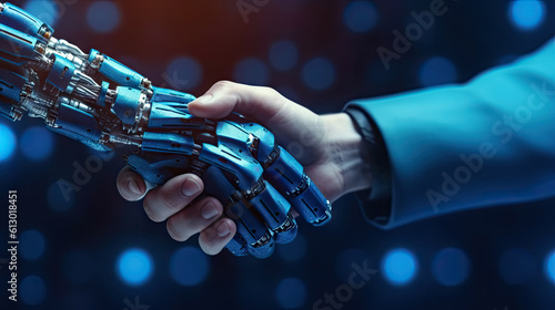 A fascinating generative AI illustration displays a handshake occurring between a human hand and a robotic humanoid, symbolizing the intersection of humans and technology