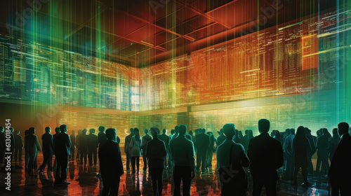 Generative AI illustration featuring a silhouette of a crowd, standing together, scrutinizing a large digital wall display showing a falling stock market index