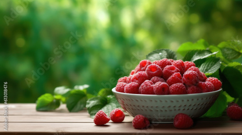 Raspberries in a bowl on a small wooden