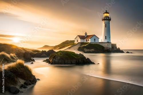 a captivating image of a majestic lighthouse standing tall on a rugged coastline, its beacon shining brightly to guide ships safely through the night. © Being Imaginative