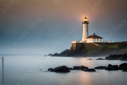 a captivating image of a majestic lighthouse standing tall on a rugged coastline, its beacon shining brightly to guide ships safely through the night.