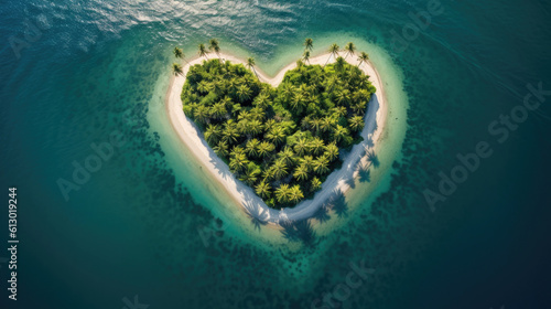 Aerial view of a paradise palm tree Island, Heart, Generative Ai