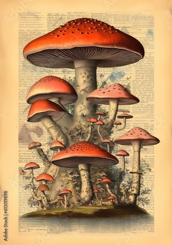 Illustration of a red mushroom. Old scientific poster.