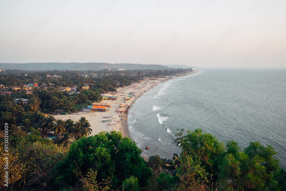 Top view of the sunset and the Arabian Sea coast of North Goa