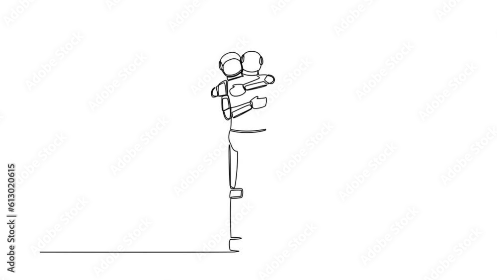 Animated self drawing of continuous line draw two astronaut embracing each other closely feeling comfort. Father and son meeting after long parting. Cosmonaut space. Full length single line animation Animated self drawing of continuous line draw two astronaut embracing each other closely feeling comfort. Father and son meeting after long parting. Cosmonaut space. Full length single line animation