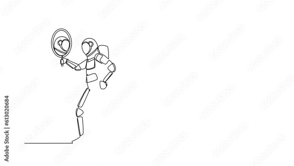 Animated self drawing of continuous line draw astronaut holding hand mirror. Spaceman looking at himself in mirror. Narcissism and reflection. Cosmonaut outer space. Full length single line animation Animated self drawing of continuous line draw astronaut holding hand mirror. Spaceman looking at himself in mirror. Narcissism and reflection. Cosmonaut outer space. Full length single line animation