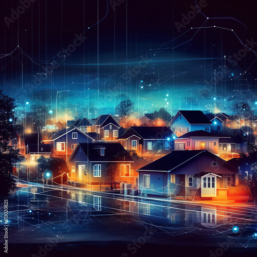 Digital community, smart homes and digital community. DX, Iot, digital network in society concept. suburban houses at night with data transactions. Hand edited generative AI