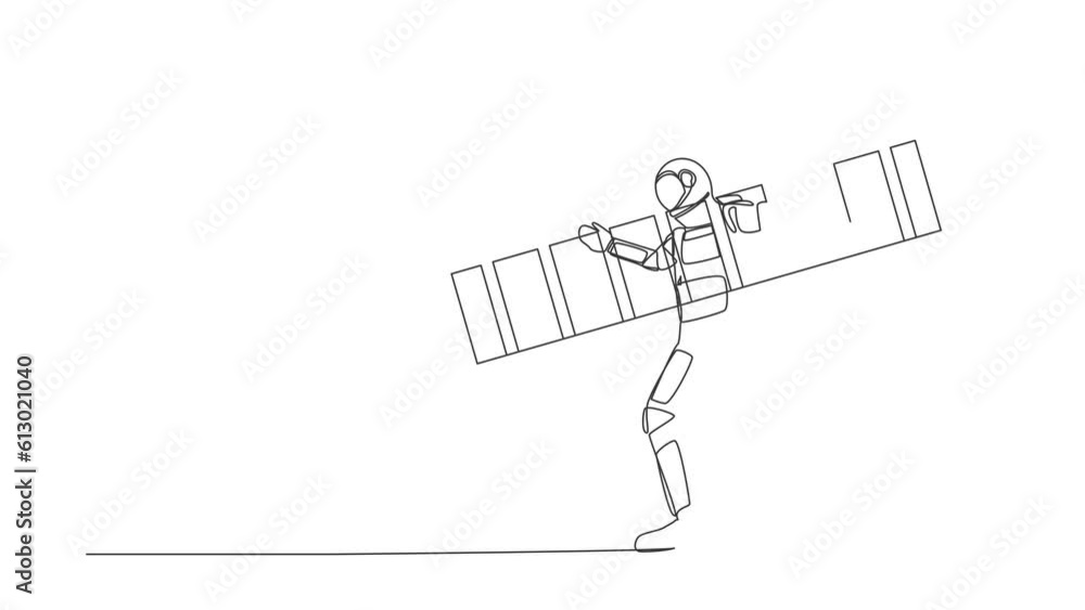 Self drawing animation of single line draw astronaut repairman walking with ladder. Renovation home. Preparation house reparation in moon. Cosmic galaxy space. Continuous line. Full length animated Self drawing animation of single line draw astronaut repairman walking with ladder. Renovation home. Preparation house reparation in moon. Cosmic galaxy space. Continuous line. Full length animated