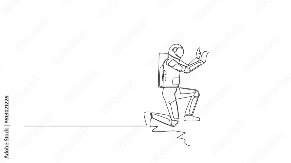 Self drawing animation of single line draw astronaut laying ceramic wall tile at home in moon. Spaceman ability to repair operating system. Cosmic galaxy space. Continuous line. Full length animated