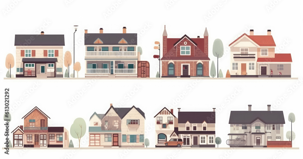 Front view, modern flat design of logo cottage house icon set, isolated on white background. American housing, brittish housing, Generative AI